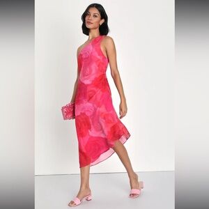 Pretty‎ Serene Pink Floral One-Shoulder Asymmetrical Midi Dress Size Medium